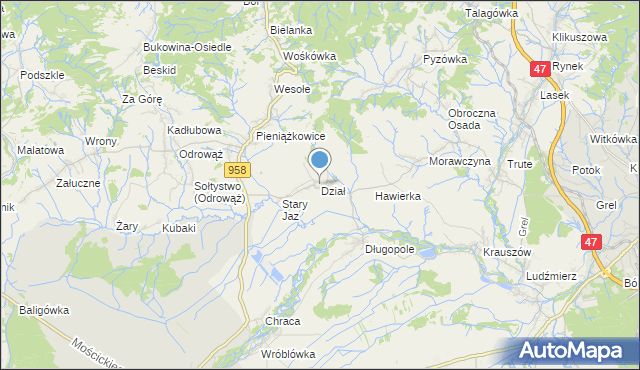 mapa Dział, Dział gmina Czarny Dunajec na mapie Targeo